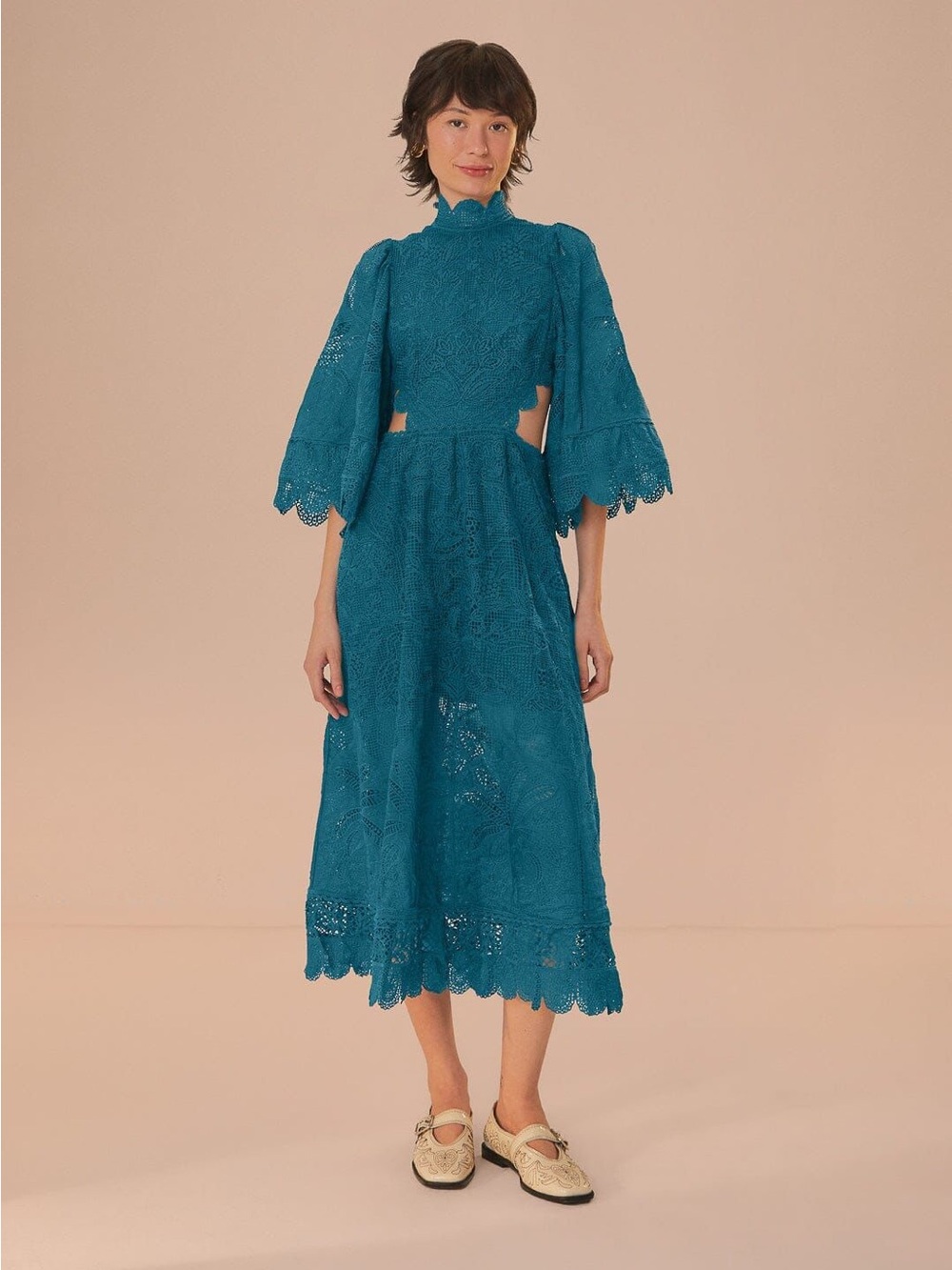 Farm Rio Green Guipire Cut-Out Midi Dress
